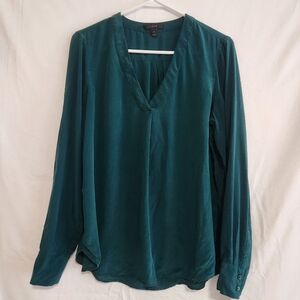 J. Crew 100% Silk Forest Green V-Neck Long Sleeve Blouse